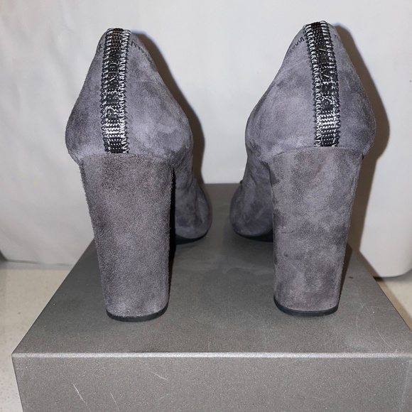 Prada Gray Suede Round Toe Block Heel Pumps - Picture 3 of 6